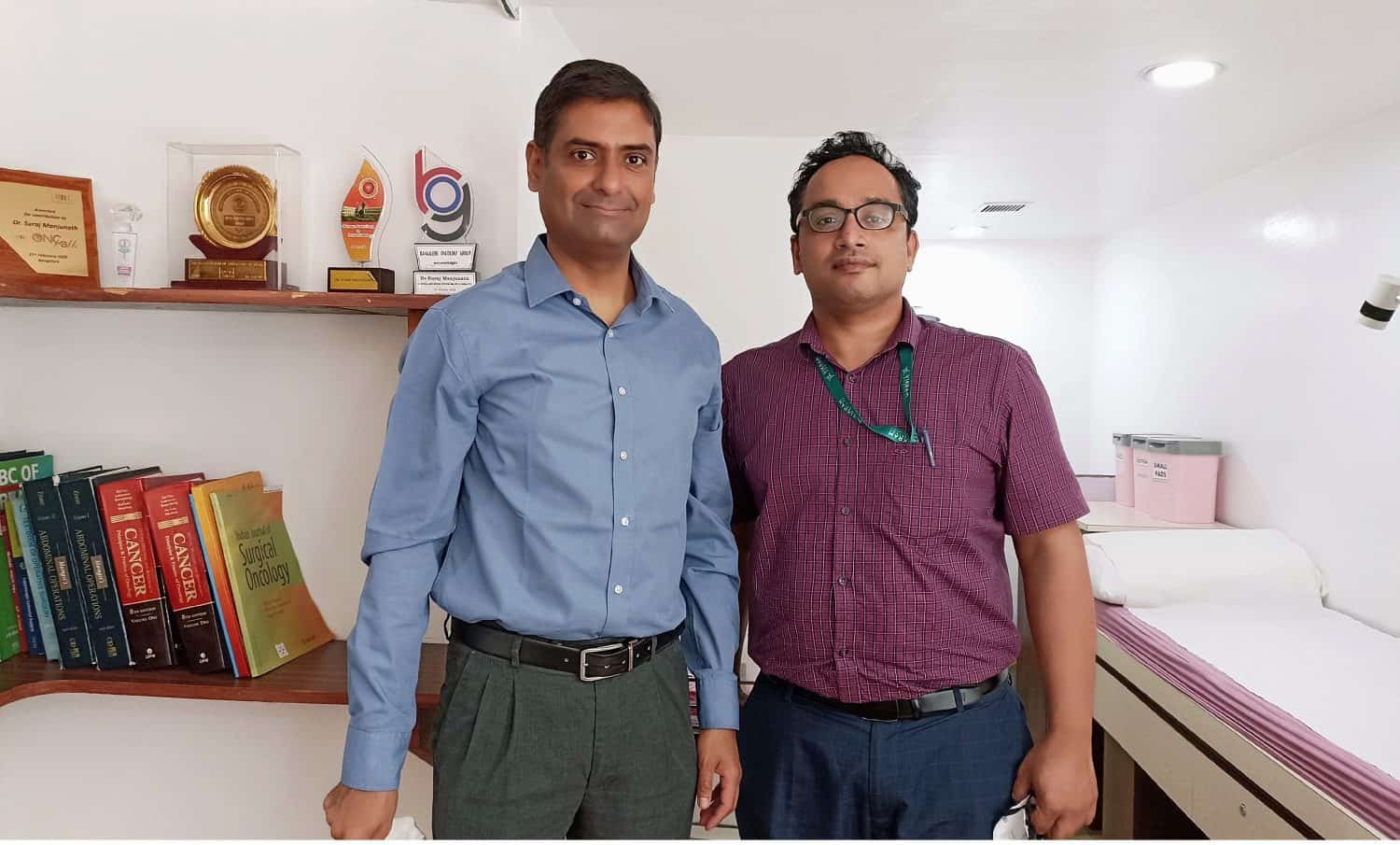This is a picture of Dr Elvis Joesph and Dr Suraj Manjunath, surgical oncologists and colleagues working together at Manipal Hospital, Miller's Road, Bangalore (formerly Vikram hospital)